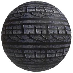 Seamless PBR tire rubber material for Blender 3D with texture scale, aspect ratio, rotation, displacement, and color adjustments.