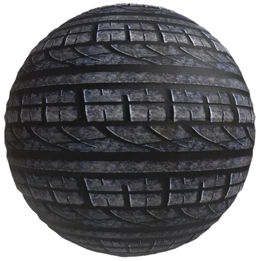 Seamless PBR tire rubber material for Blender 3D with texture scale, aspect ratio, rotation, displacement, and color adjustments.