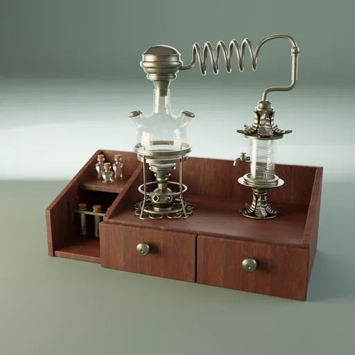 Detailed medieval alchemy 3D model featuring brewing stand and vials, perfect for Blender 3D projects in the medicine category.