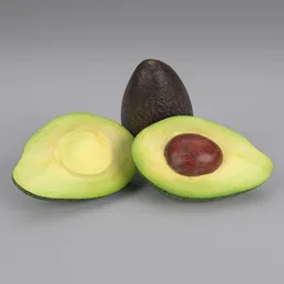 "Handmade highpoly 3D model of avocado set for Blender 3D. Two halves of avocado with deep and dense coloration, inspired by Vija Celmins, rendered in Maya 4D. Comes in uncompressed PNG and Daz 3D format."