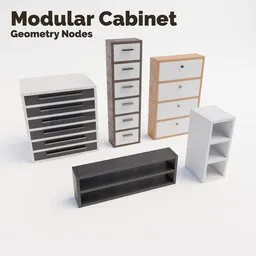 "Modular wooden cabinet or shelf model for Blender 3D. Highly customizable with geometric nodes, adjustable dimensions, colors, dividing boards, and handles. Perfect for creating realistic interior scenes or designing modern furniture layouts."