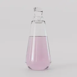 "Glass perfume bottle with a soft pink liquid and glass cap, modeled in Blender 3D and rendered in POV-Ray. Inspired by artists Ferdynand Ruszczyc and Ludolf Bakhuizen."