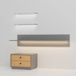 "Blender 3D model of a compact laptop work desk with a shelf, drawer, and lamp. Designed for small spaces, this desk features accent lighting and a sleek, modern design. Created by Giorgio De Vincenzi and Nikola Avramov, and available on BlenderKit under the 'desk' category."