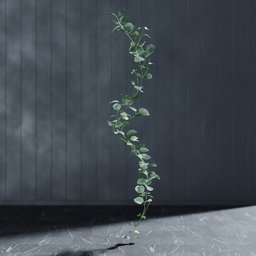 "Artificial garland Phytonia 3D model for nature indoor scenes in Blender 3D. Features vines, eucalyptus, and clover in a surrealistic concrete vase, inspired by Georg Friedrich Kersting. Editable stem and hyperrealistic design using Bagapie addon."
