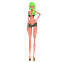 Anime-inspired 3D model with vibrant green hair, in summer apparel, compatible with Blender.