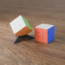 Detailed 3D model of two Rubik's cubes, one tilted on a stand, ideal for Blender 3D projects.