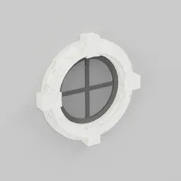 "Circle Arc Window 108x25x108 for modular building - High-resolution 3D model for Blender 3D. Featuring a close-up of a circular window with a white frame, cast iron material, and white concrete. Perfect for architectural visualization and modular building projects."