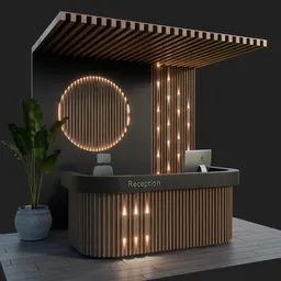 High-quality Blender 3D model of a sleek, modern reception counter with polished surface and wooden fluted panel.