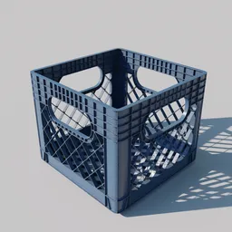 "Industrial plastic milk crate 3D model with basket inside, rendered with Redshift in Blender. Perfect for concept art or game design. Features include staples, a grid layout, and crosshatch design."