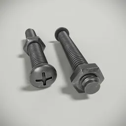 "High definition Phillips Pan Head Screw 3D model with open UV and 4k textures, ideal for use in agriculture. Includes large, medium, and small bolts with nuts on a table. Rendered with redshift and includes light displacement for added detail."