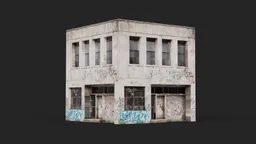 Detailed lowpoly 3D model of graffiti-covered, weathered concrete building with AI-generated textures, compatible with Blender.