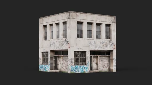 Detailed lowpoly 3D model of graffiti-covered, weathered concrete building with AI-generated textures, compatible with Blender.