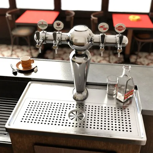 Highly detailed 3D model of a beer tap with French labels, perfect for Blender rendering in bar scene setups.