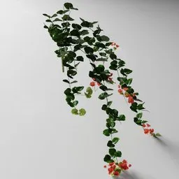 "Artificial tendril Red geranium v2 3D model for Blender 3D - Nature Indoor category. Includes xparticles, ivy vine leaf and flower top, untextured, falling red petals, and geometry nodes created with the Bagapia addon. Highly rendered and inspired by real products on the market."