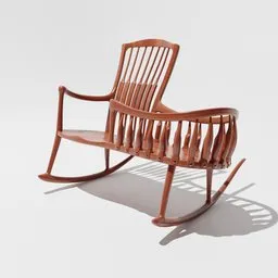 "Vintage wooden rocking chair, a 3D model for Blender 3D. Featuring a curved back and classic design, this cradle rocker brings timeless charm to any room. Perfect for furniture enthusiasts and enthusiasts of Blender 3D modeling."