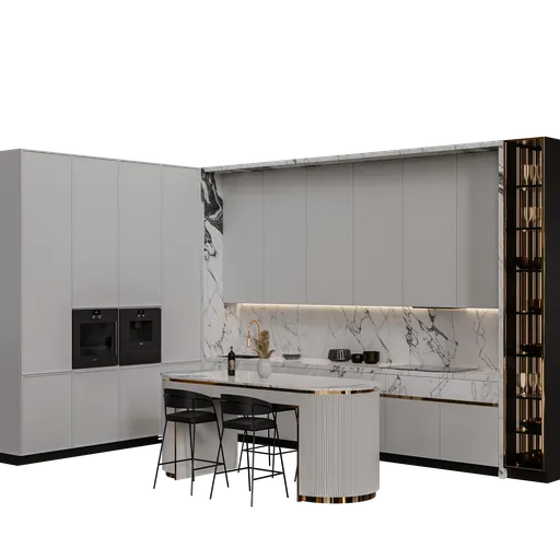 Highly detailed Blender 3D model of a modern kitchen with marble accents and sleek appliances, ready for rendering in Cycles.