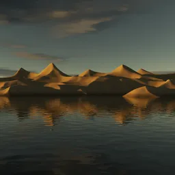 3D-rendered sand dunes with reflective water surface for Blender modeling and terrain visualization.