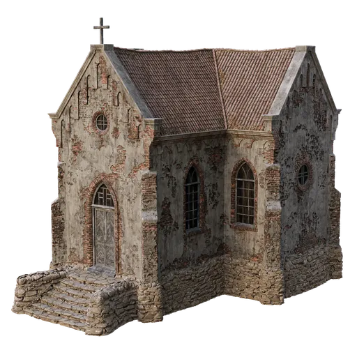 Detailed Blender 3D model of a textured medieval church with intricate stonework, suitable for high-resolution renders.