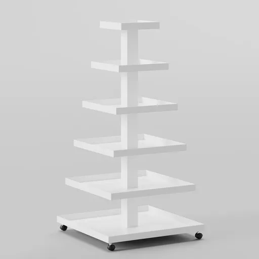Detailed 3D model render of a white 6-tier metal storage rack with casters for Blender animation and visualization.