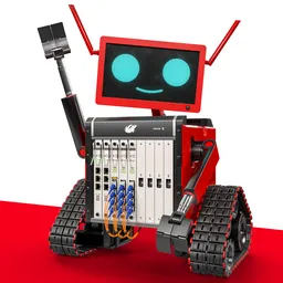 Detailed 3D rendering of a track-wheeled, humanoid robot with screen face and antenna, equipped with network cables and tools.