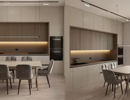 Elegant minimalist 3D kitchen interior with sleek design, soft lighting, and modern appliances for Blender modeling.