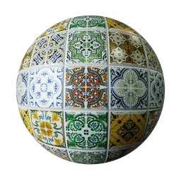 Decorative PBR ceramic cement tile texture with colorful patterns for 3D wall or floor modeling in Blender.
