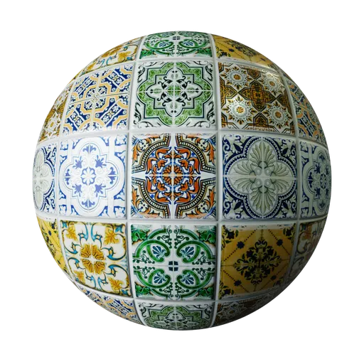 Decorative PBR ceramic cement tile texture with colorful patterns for 3D wall or floor modeling in Blender.