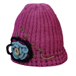 Detailed 3D knitted hat model with floral embellishment, optimized for Blender, showcasing intricate texture work.