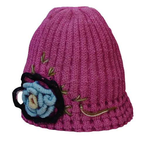 Detailed 3D knitted hat model with floral embellishment, optimized for Blender, showcasing intricate texture work.