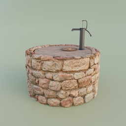 Textured 3D stone well model with handle designed for Blender, showcasing adaptive subdivision feature.