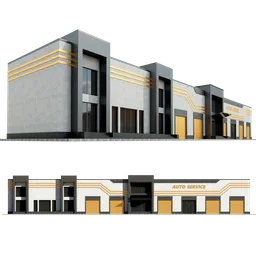 Detailed 3D model of a modern auto service building facade, crafted in Blender 3D with textures.