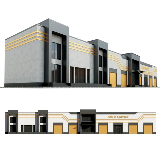 Detailed 3D model of a modern auto service building facade, crafted in Blender 3D with textures.