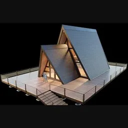 Alt Text: "Modern wooden mountain cottage with a river backdrop, crafted in Blender 3D. This empty 3D model showcases a roof made of wood, combining hard angles and a bow-like structure, surrounded by a business district and overlooking the ocean. Get inspired by this featured design, perfect for architecture enthusiasts and 3D modelers on Dribbble."