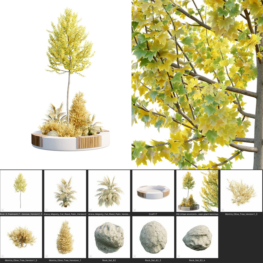 BlenderKit Download the Urban Env Set of green plant benches model