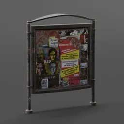 Realistic urban advertising board 3D model with posters for rendering in Blender, useful for cityscape visualization.