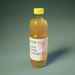 Realistic Blender 3D peach juice PET bottle model with editable color for various flavors.