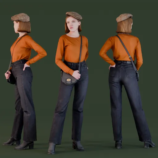 Petite, confident female 3D model in stylish attire with a handbag, ideal for Blender renderings.
