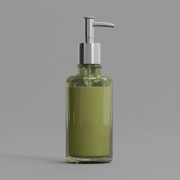 "Green liquid soap dispenser with a silver pump - modeled after a real-life version for Blender 3D. Perfect for bathroom scenes, featuring a soft, smooth skin texture and a Morandi color scheme. No tiling for easy customization."