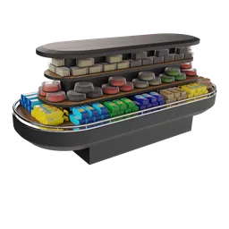 Detailed 3D model of fully stocked supermarket gondola shelves, ideal for Blender retail scenes.