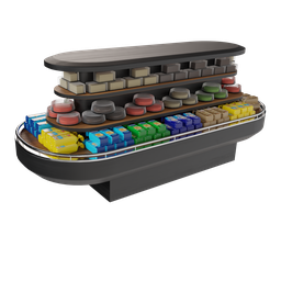 Detailed 3D model of fully stocked supermarket gondola shelves, ideal for Blender retail scenes.