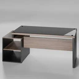 Detailed 3D rendered model of a modern office desk with a glass top and wooden shelves for organization, ideal for Blender 3D projects.