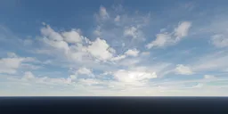 Dynamic range lighting scene of sun peeking through clouds over the ocean for 3D rendering environments.