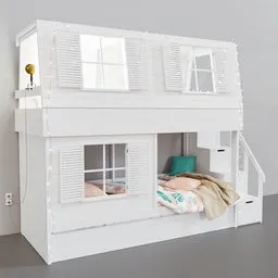 Children's white house-shaped bed 3D model with blankets, pillows, and stairs designed for Blender rendering.