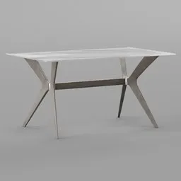 3D rendered modern dining table model with stylized wooden supports and a reflective rectangular surface.