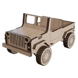 "3D model of a wooden toy truck with wheels and a wooden body, representing a future concept SUV. This military-inspired storage crate, designed by Jane Carpanini of Origin Jumpworks, is perfect for printing and ideal for Blender 3D enthusiasts seeking child-friendly environment decorations."