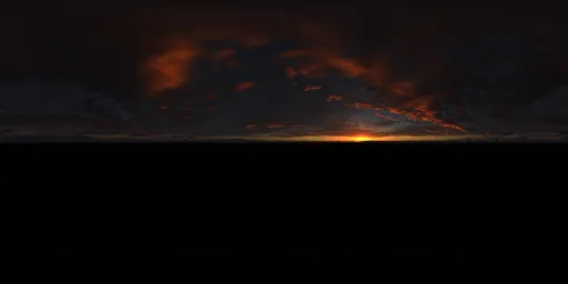 Terragen-created HDR lighting with sun near horizon, dynamic clouds, and a warm ambient fill for realistic scene illumination.