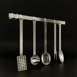 Realistic Blender 3D rendering of hanging kitchen utensils, including a spatula and ladles.