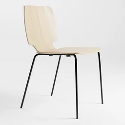 High-quality 3D model of a minimalist chair with a sleek wooden seat and black metal legs for Blender rendering.