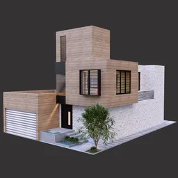 "Modern Villa house model with tree, created in Blender with displacement and beige color scheme. Unique design features shipping containers and dynamic proportion in an orthographic 3D rendering. Perfect for architectural designs in Blender 3D software."