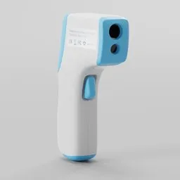 Alt text: "Infrared Thermometer Gun 3D model for Blender 3D - Household Appliances category. Close-up view of a white and blue infrared thermometer on a gray background, featuring an industrial design concept inspired by Albert Anker. Equirectangular projection, backed on Kickstarter and suitable for applications in pathology. The model is showcased in a dimly lit room, resembling the Farsight XR-20 with a dressed senobith aesthetic."